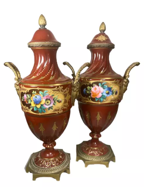 Fine Sevres French Hand Painted Ormolu Mounted Mantle Urns Made for Ovingtons NY