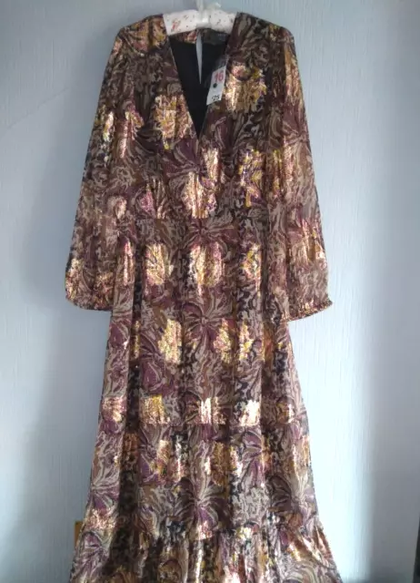 BOHO 70s STYLE BROWN & GOLD LINED MAXI DRESS SIZE 16 BNWT