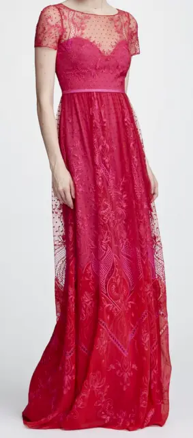$1095 NEW Marchesa Notte Short Sleeve Chiffon Lace Gown Red Embroidered Flower 6
