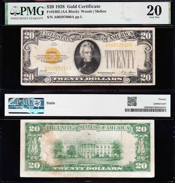 VERY NICE Bold & Crisp VF 1928 $20 GOLD CERTIFICATE! PMG 20! FREE SHIP! 97000A