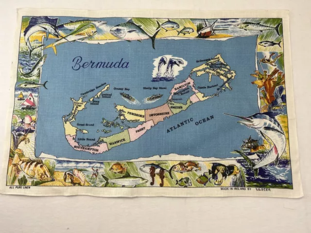 Bermuda Map Fishing Boarder Vintage Irish Linen Tea Towel Ulster Weavers Unused