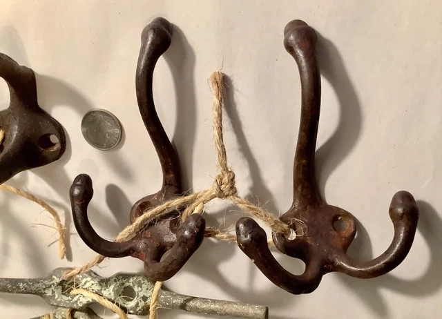Vintage LOT 3 Pairs Cast Iron Wall Coat Farm Hooks Acorn Antique Primitives