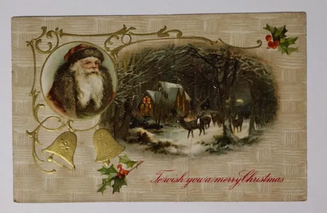 To Wish You A Merry Christmas Postcard Old World Santa Brown Robe Church Deer