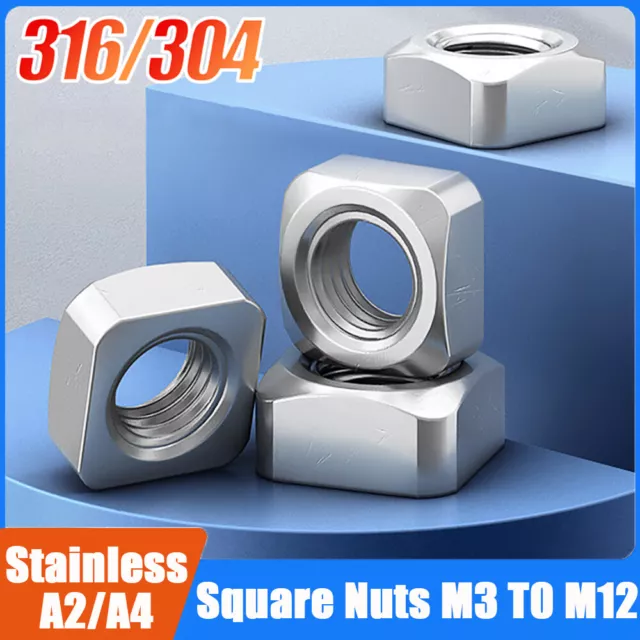 Square Nuts To Fit Metric Bolts & Screws A2/A4 Stainless Steel M3 M4 M5 M6 - M12