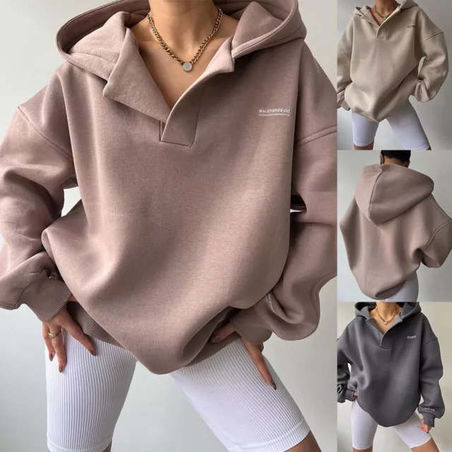 Plus Size Women Fleece Hoodies Tops Ladies Casual Baggy V Neck Hooded Sweatshirt