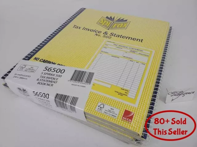 5 x Spirax 500 Tax Invoice & Statement Book 50/Dup 250x200mm 1/View 56500*