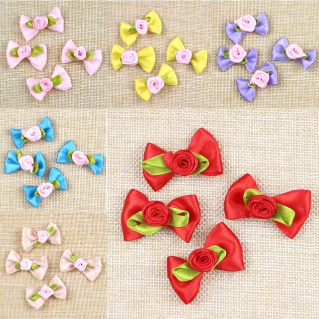 1.57" Mini Bowknot W/ Rose Satin Ribbon Flowers DIY Sewing Applique 10/50/100pcs