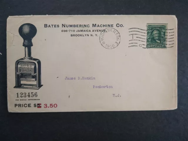 New York: Brooklyn 1908 Bates Numbering Machine Co Both Sides Advertising Cover