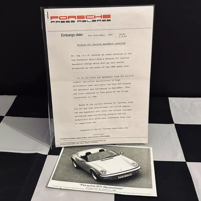 Porsche 911 Carrera Speedster 1987 Launch Press Release + Photo (Brochure)