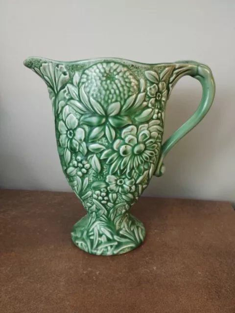 Vintage 1930's Art Deco, Falcon Ware, Green Embossed Floral Jug