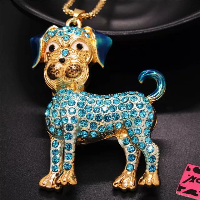 New Betsey Johnson Blue Rhinestone Cute Dog Crystal Pendant Chain Necklace