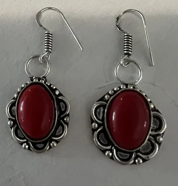 Auburn red acrylic stone silver plated 1.75” pierced dangle drop hook earrings