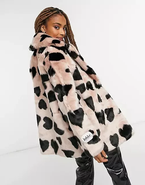 JAKKE HEATHER PINK Black HEART Print Faux Fur Mid Length Coat