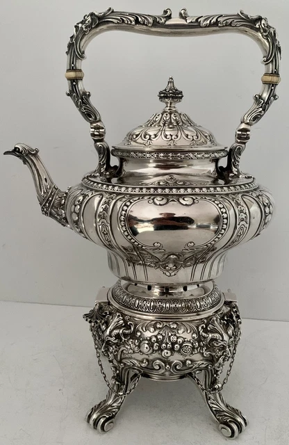 Gorham Sterling Finest Quality Hand Chased Devil Masked Tilting Kettle On Stand