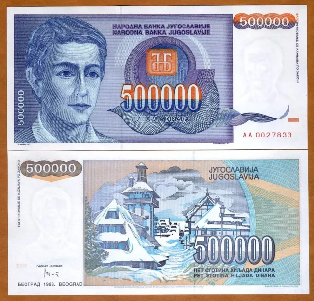 Yugoslavia, 500,000 (500000) Dinara, 1993, P-119, AA-Prefix, UNC Young man