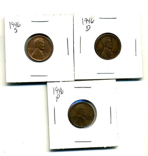 1946 P,D,S Wheat Pennies Lincoln Cents Circulated 2X2 Flips 3 Coin Pds Set#1315