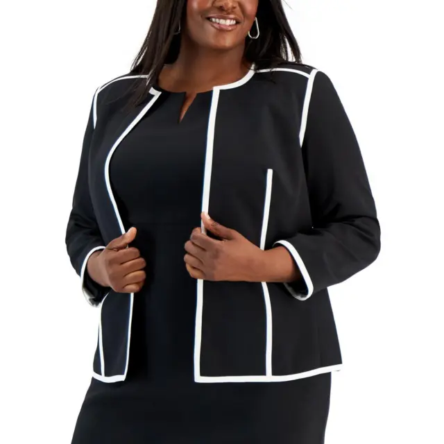 Kasper Womens Knit Contrast Trim Office Open-Front Blazer Jacket Plus BHFO 3218