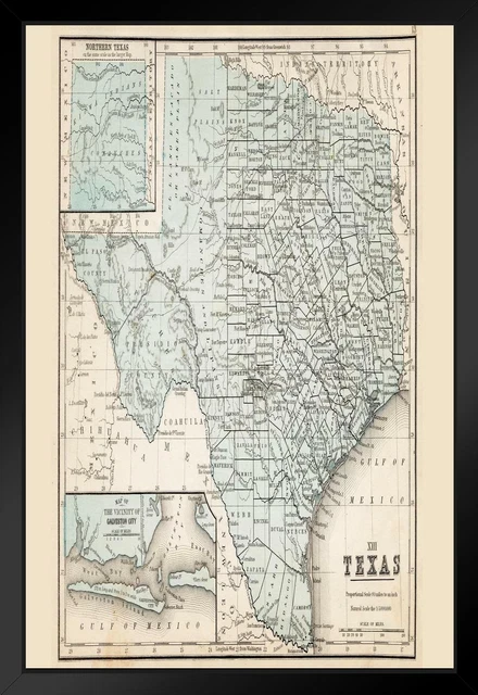 Map of Texas 1867 Antique Style Map Black Wood Framed Art Poster 14x20