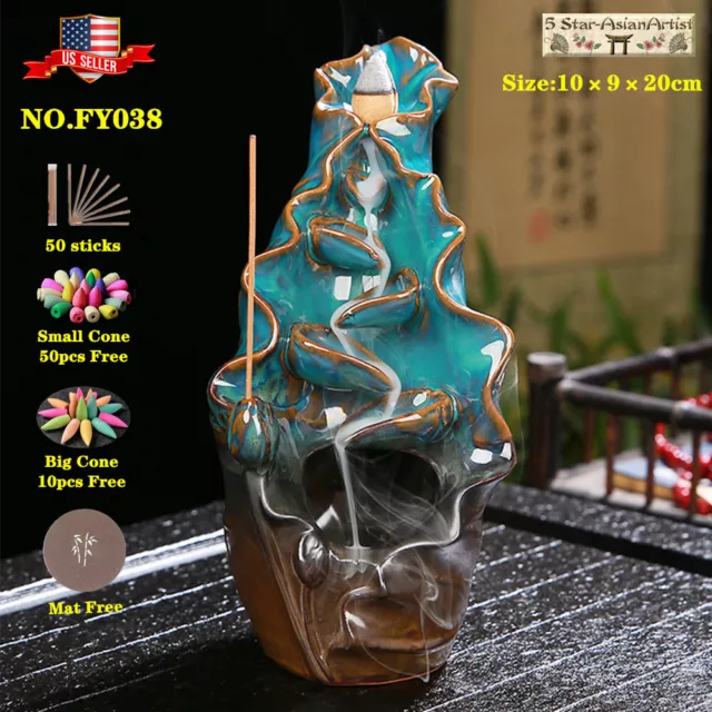 Ceramic Backflow Incense Burner Holder Lotus Glaze Waterfall & Free Cones Gift