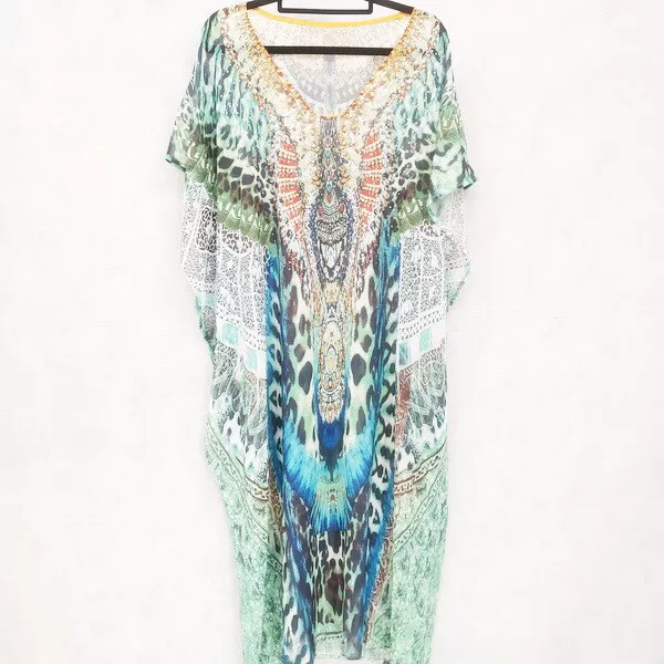 X-Large Women's Hand Embellished Chiffon Kaftan Boho Dress Free Size