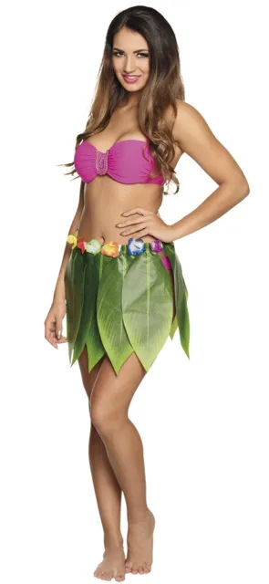 Ladies Hawaiian Palm Leaf Skirt Grass & Flowers Luau Party Fancy Dress NEW 8-14