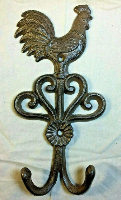 SET OF 3 ROOSTER DOUBLE HOOKS rustic brown bronze vintage country heavy duty 5