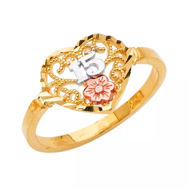 14K Tri Color Gold Sweet 15 Anos 15 Years Birthday Quinceanera Heart Cut Ring