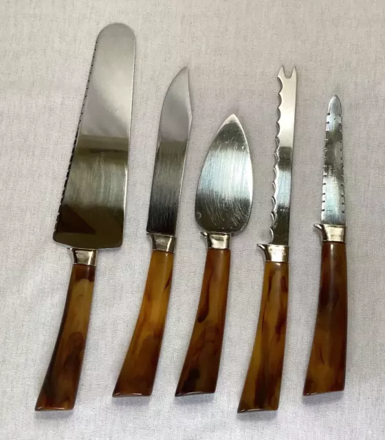 Vintage 5 pc Frontier Forge Knife Set Stainless Bakelite? Marbled Handles