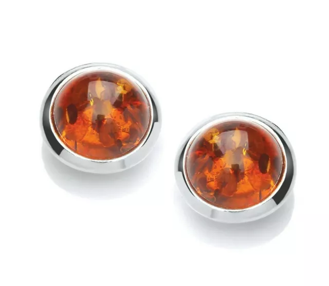 Sterling Silver Natural Amber Round Cabochon Stud Earrings - Solid 925 Silver
