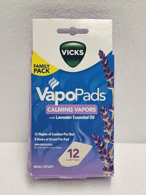 Vapores calmantes Vicks VapoPads con aceite esencial de lavanda 12 almohadillas [Caja abollada]