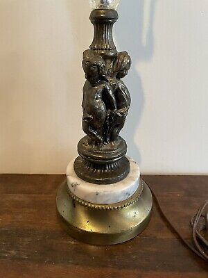 ornate vintage Brass Table lamp marble base And Crystal columnar light 27” Tall