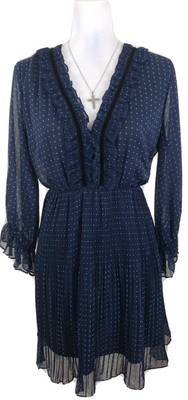 Zara Basic~Woman Sz L~Navy Blue Mini Party Dress Polka Dot Pleated Skirt Ruffles