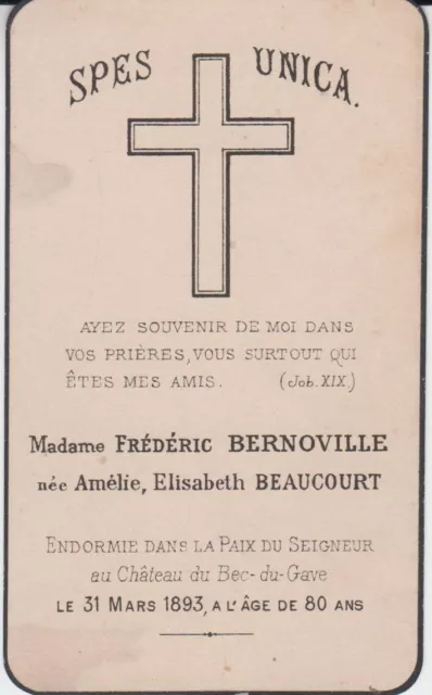 Mémento Mme Frédéric BERNOVILLE née Amélie-Elisabeth BEAUCOURT - Port-de-Lanne.