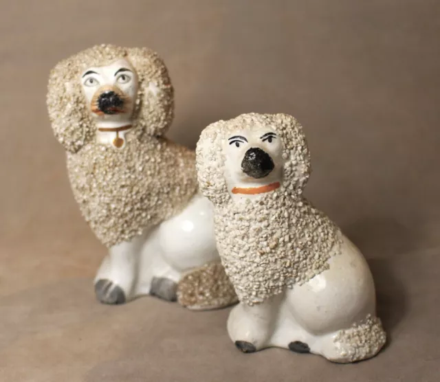 2 English Victorian Staffordshire White French Poodles (1 Large, 1 Small) c.1870