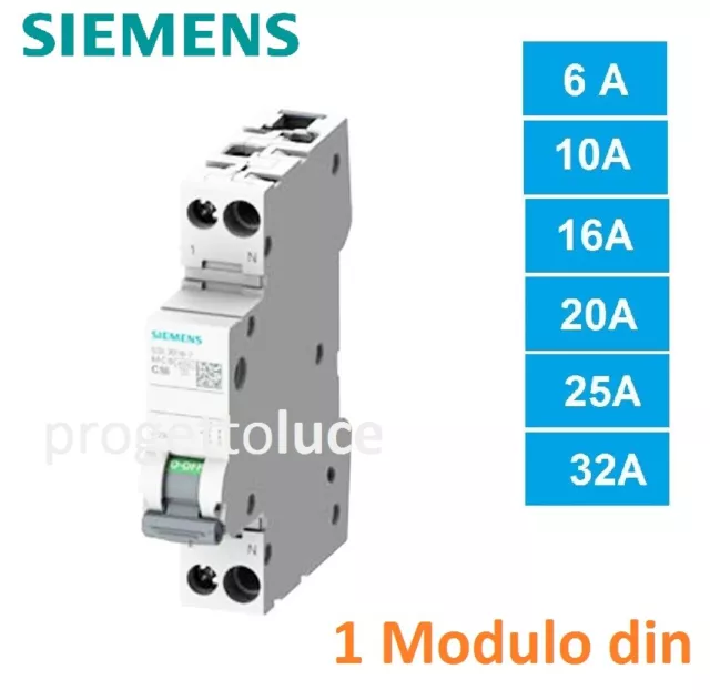 Siemens Interruttore Magnetotermico 6A 10A 16A 20A 25A 32A  5Sl30 1P+N 4500Ka 1M