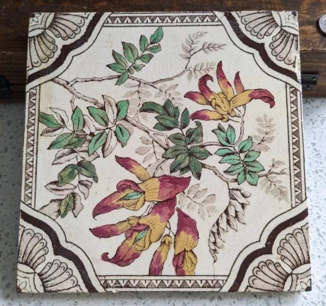 Antique Victorian Floral Exotic Flower Transfer & Painted Tile