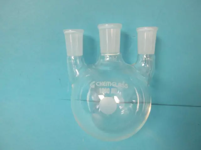 CHEMGLASS Glass 1000mL 3-Neck Round Bottom Boiling Flask 29/42 24/40 Mint