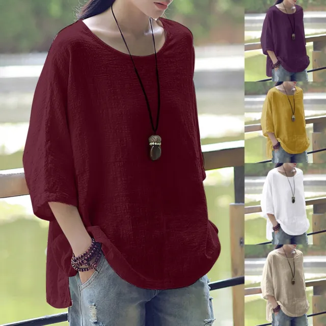Womens Casual Solid Loose Fitting Top Cotton Linen Round Neck Half Sleeve Blouse