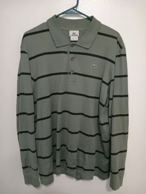 Lacoste Polo Shirt Mens Size 6 Long Sleeve Green Black Striped Cotton Croc Logo