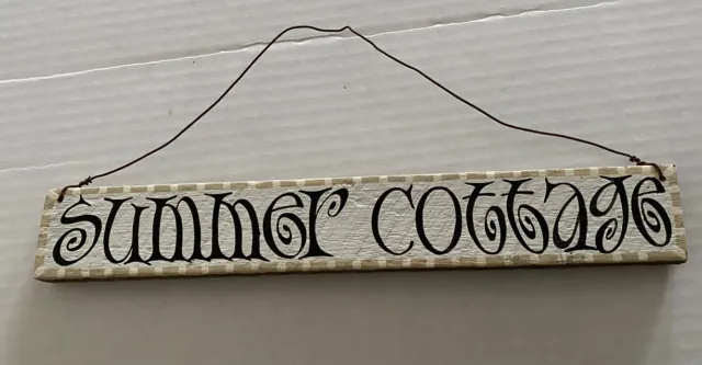 SUMMER COTTAGE-Rustic Painted Wooden Sign 10”x1.5” W/ Wire Hanger White/Black