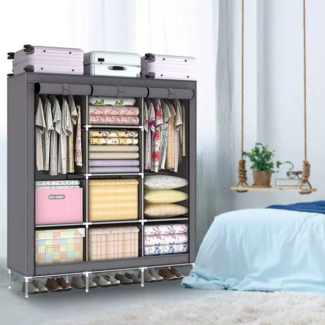 Armadio in tessuto portatile, armadio in tela grigia per mobili camera da letto *NUOVO DI ZECCA*