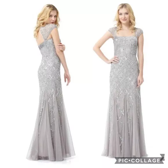 Adrianna Papell Silver Mesh with Beaded Overlay Cap Sleeve Formal Gown Dress