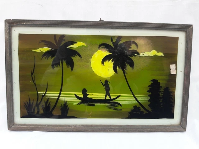 VTG Antique India Glass Painting Kerala Sunrise Seen Old Wall Decor Collectible