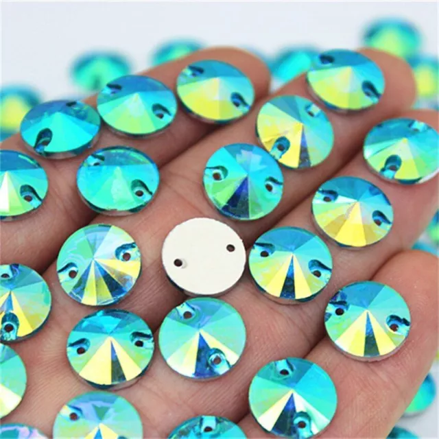 Round Shape Bead 100Pcs 12mm Black Crystals AB Rhinestone Flatback 2 Hole Beads