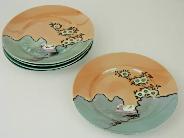 Vintage Set of 5 Salad Plates Hand Painted Swan Green Peach Lustre Made in Japan