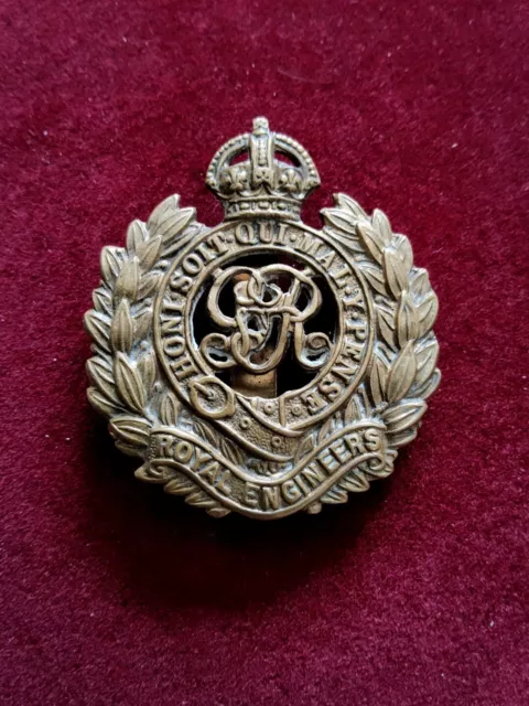 Genuine WW1 Royal Engineers Brass Cap Badge British Military GRV King's Crown