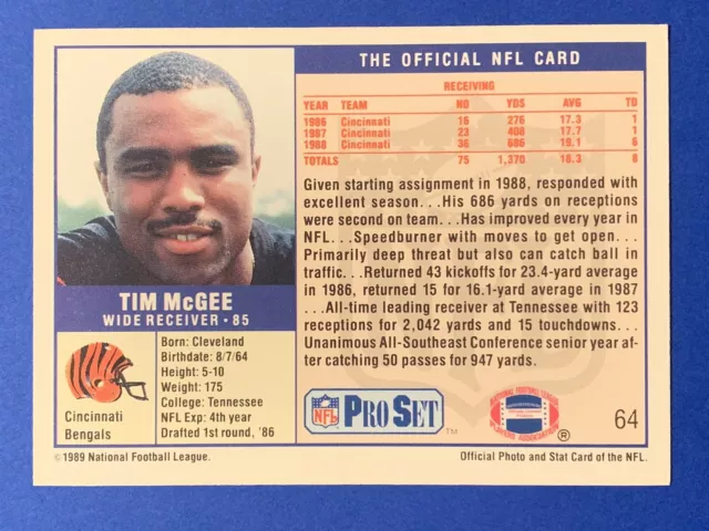 TIM McGEE Signed 1989 Pro Set #64 Bengals Tennessee Volunteers Autograph Auto 2