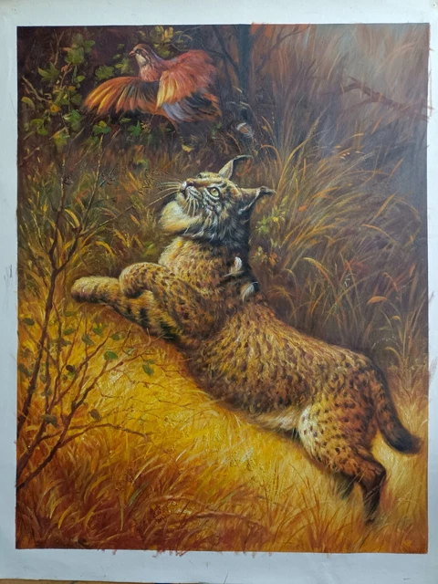 Pintura sobre lienzo de un lince persiguiendo una perdiz. PINTURA REAL, no foto.
