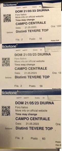 3 Biglietti finale ATP Roma Distinti Tevere Top