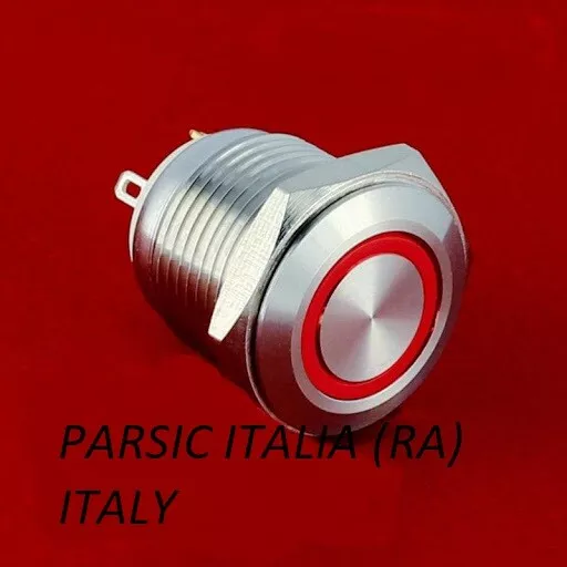 PULSANTE ACCIAIO INOX D= 16mm con RING LED ROSSO 12V , stagno IP65 Pin terminali